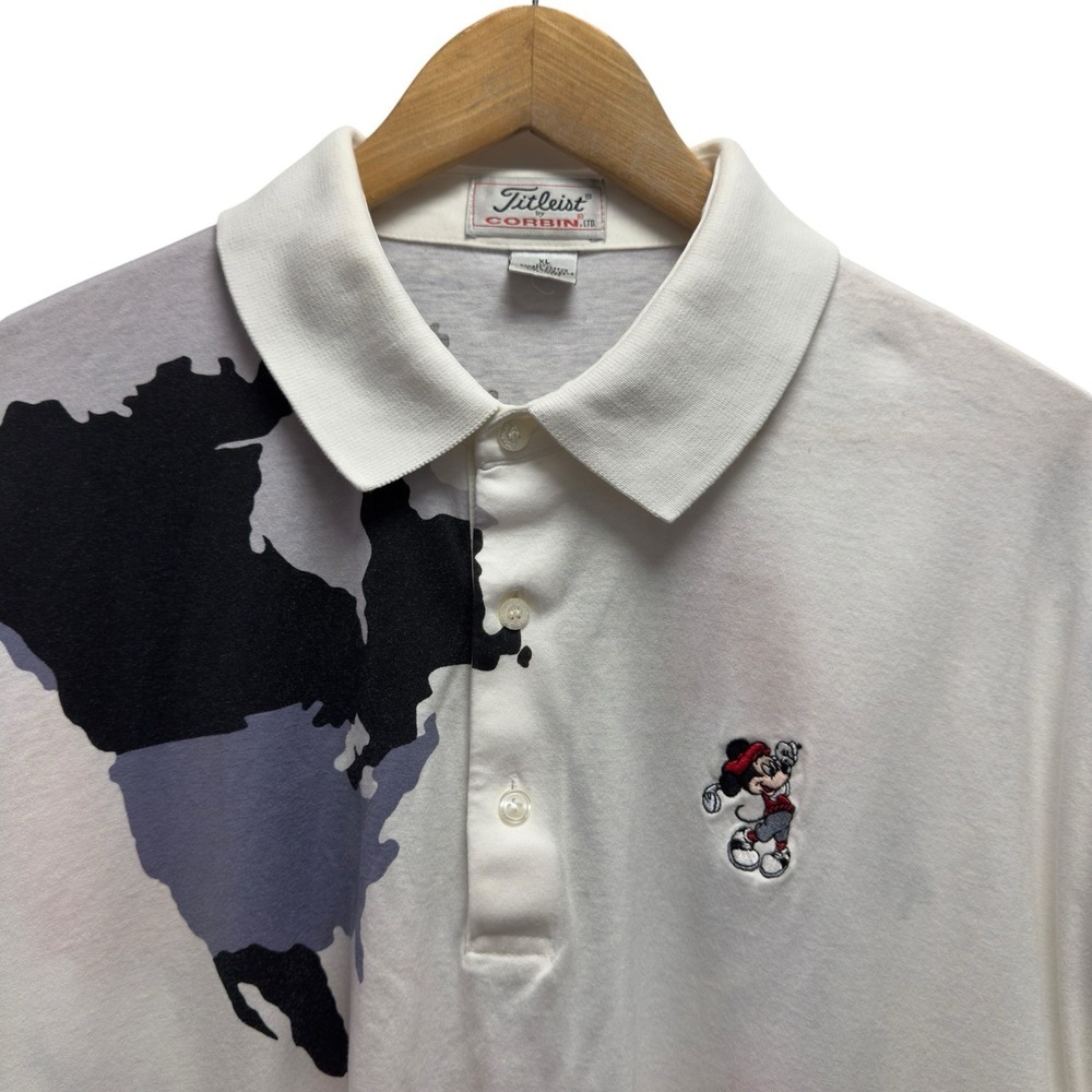 Titleist by Corbin Vtg 90's Mens XL World Map Mickey Mouse Golf White Polo Shirt